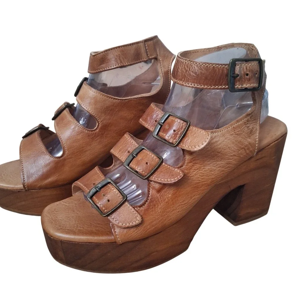 Bed Stu Jordyn Womens size 10 Leather Strappy Wood Chunky Platform Block Heels‎